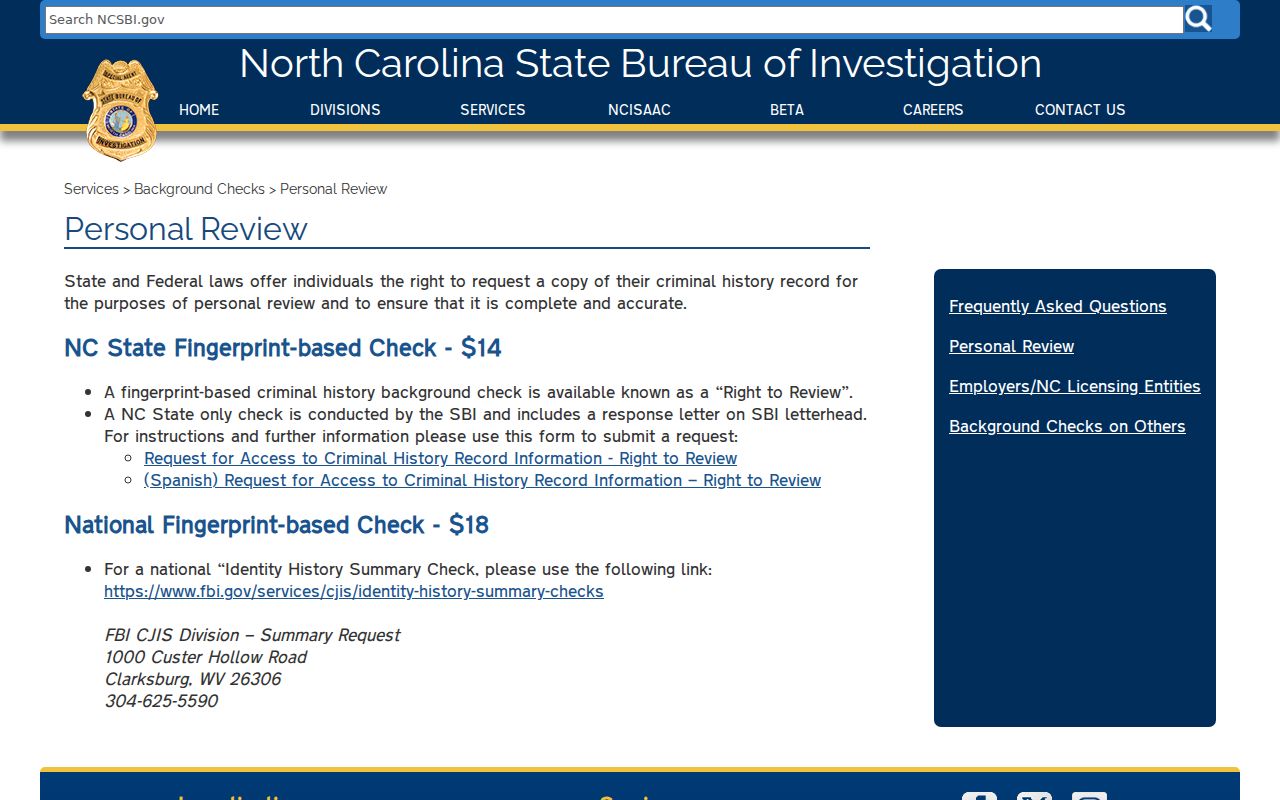 Alleghany County criminal history SBI Right to Review instructions